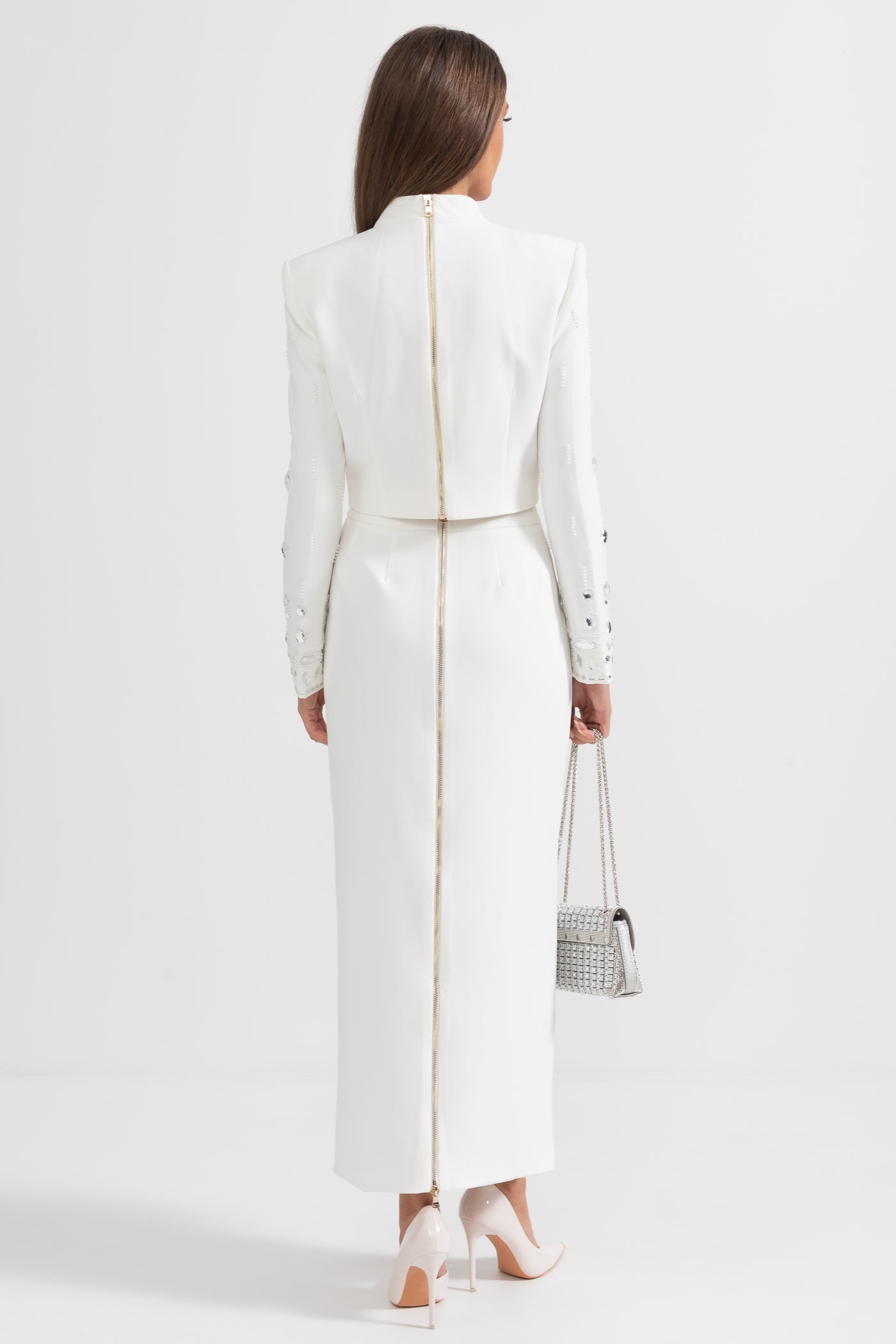 Conjunto Decorado com Diamantes e Saia Maxi - Branco