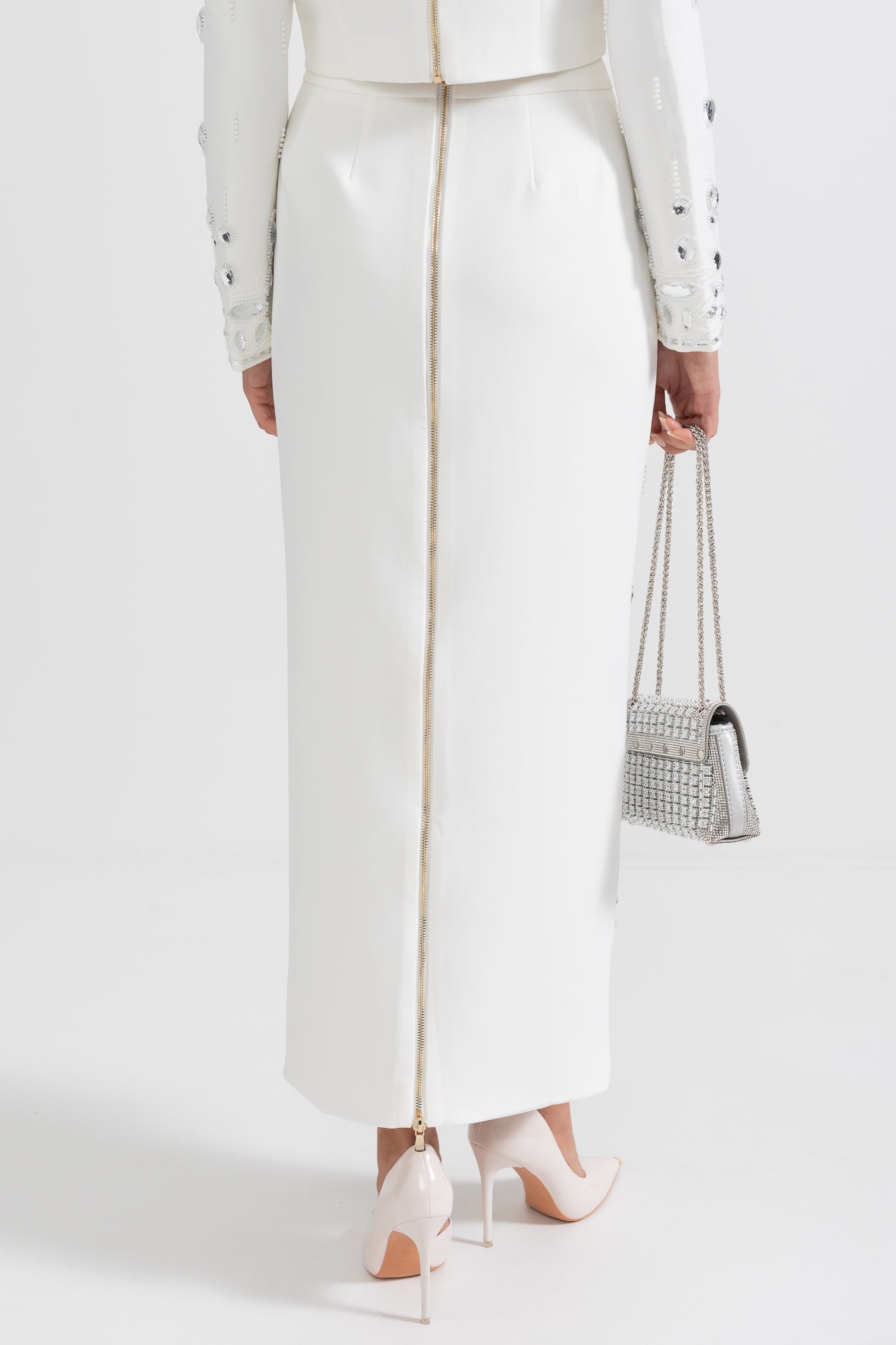 Conjunto com Saia Maxi Embelido com Diamantes - Branco