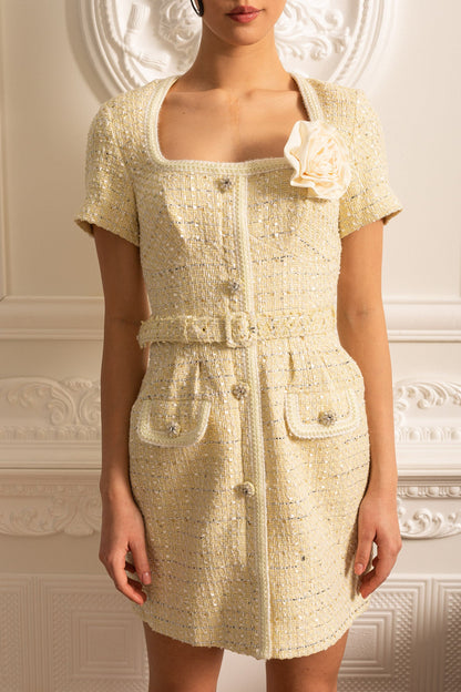 Vestido Mini Texturizado Com Cinto Coordinado E Broche Floral - Bege