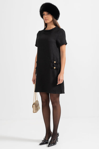 Vestido Texturizado de Manga Curta com Acentos Trançados - Preto