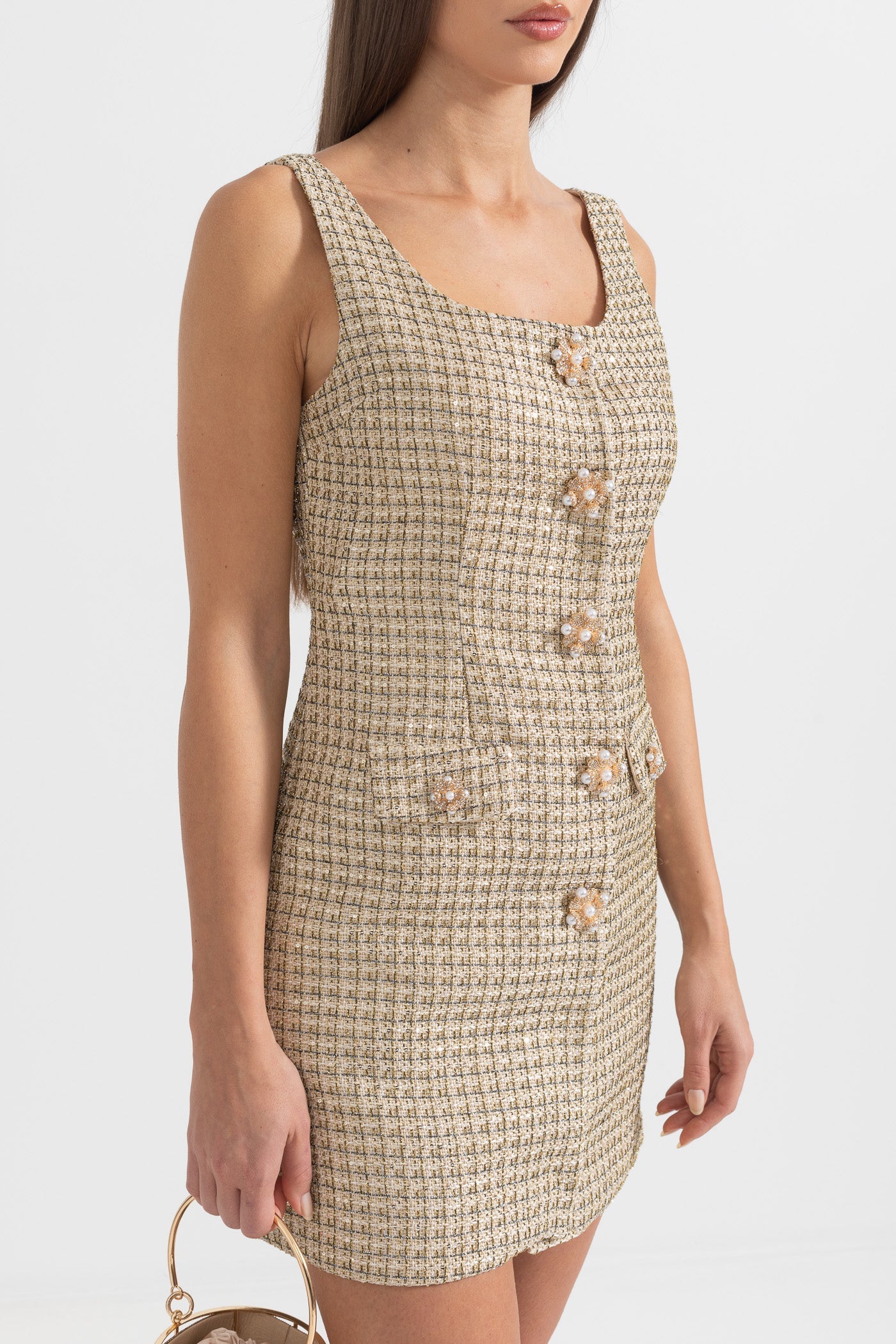 Vestido Mini Estampado Com Botões Decorativos Dourados - Dourado