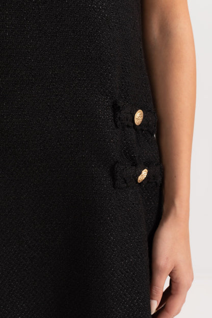 Vestido Texturizado de Manga Curta com Acentos Trançados - Preto