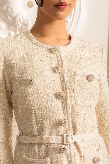 Vestido Mini Texturizado Com Bolsos E Saia Plissada Transparente - Bege