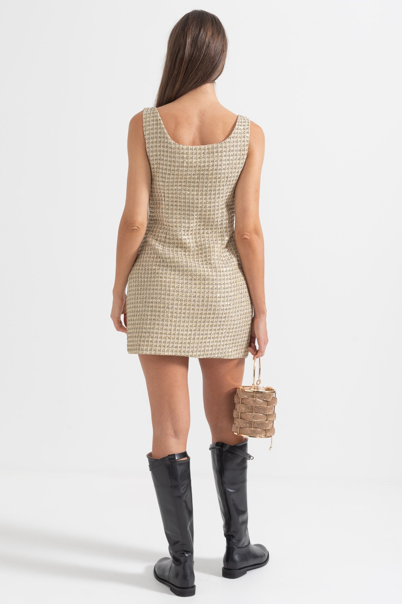 Vestido Mini Estampado Com Botões Decorativos Dourados - Dourado