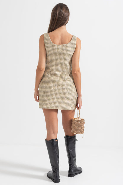 Vestido Mini Estampado Com Botões Decorativos Dourados - Dourado