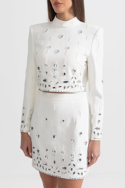 Conjunto com Diamantes e Saia Mini - Branco