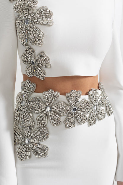 Conjunto de 2 Peças com Acento de Flor de Diamante e Manga Longa - Branco