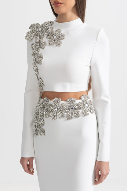Conjunto de 2 Peças com Acento de Flor de Diamante e Manga Longa - Branco
