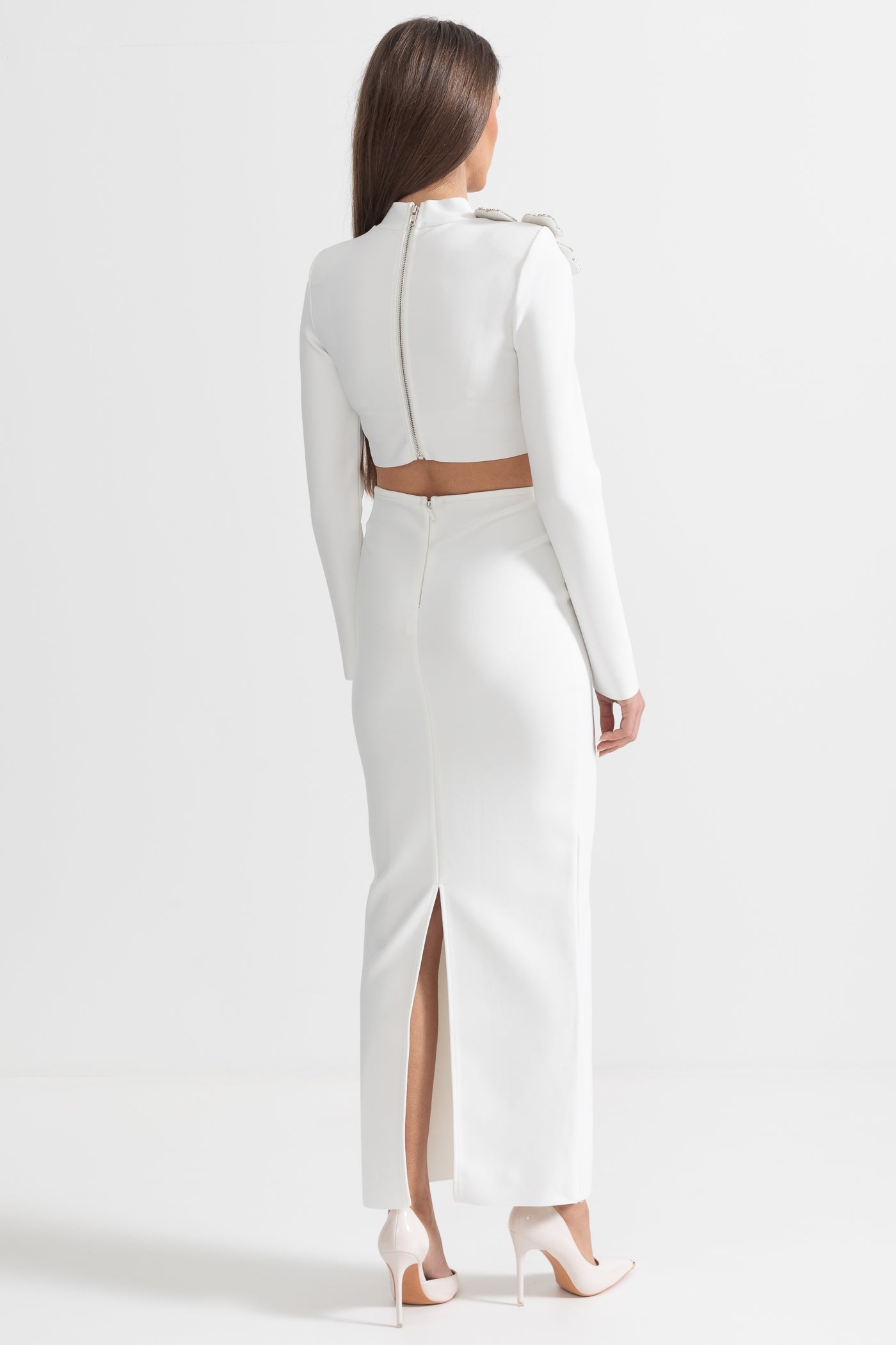 Conjunto de Acento de Flor de Diamante em 2 Peças com Top de Mangas Longas e Saia Maxi - Branco