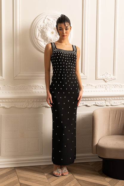 Vestido Justo Com Delicadas Aplicações de Cristal - Preto