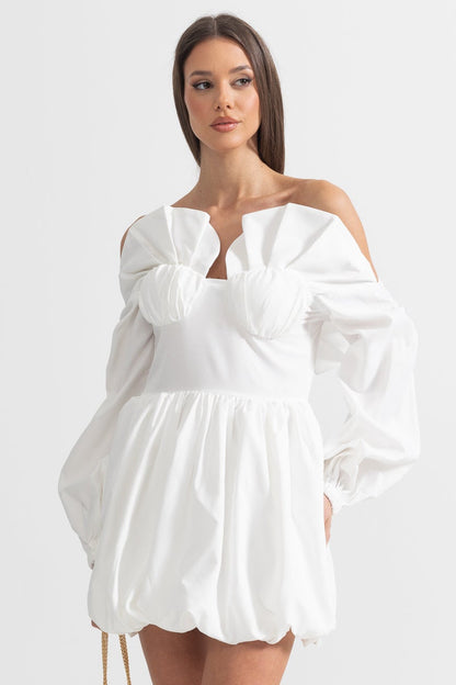 Vestido Mini Com Mangas Volumosas e Saia Volumosa - Branco