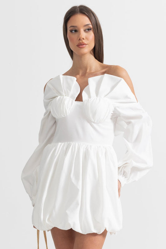 Vestido Mini Com Mangas Volumosas e Saia Volumosa - Branco