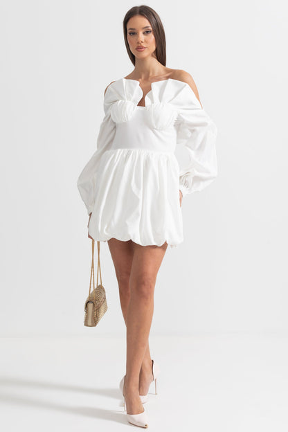 Vestido Mini Com Mangas Volumosas e Saia Volumosa - Branco