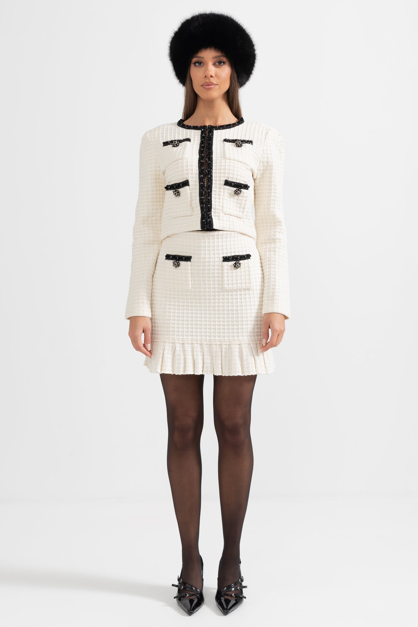 Conjunto Tweed Co-Ord com Detalhes Pretos - Ivoire