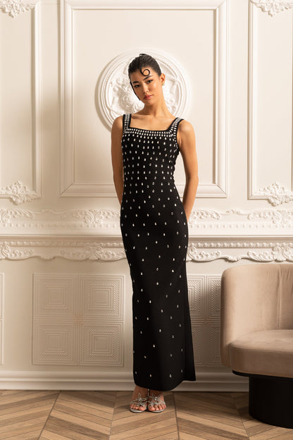 Vestido Justo Com Delicadas Aplicações de Cristal - Preto