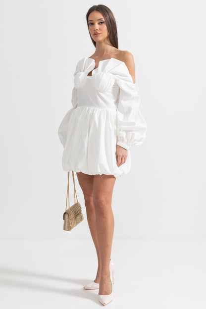 Vestido Mini Com Mangas Volumosas e Saia Volumosa - Branco