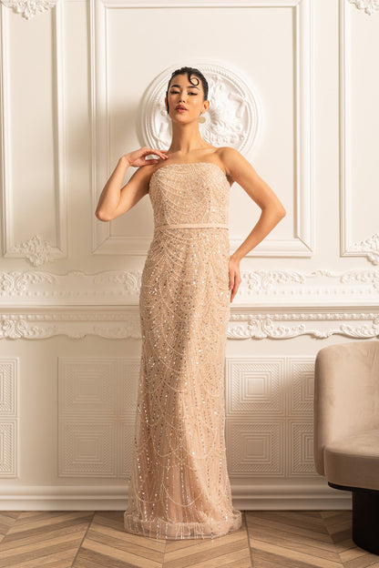 Vestido Glamouroso com Contas e Véu Destacável - Bege