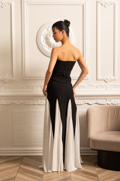 Vestido Elegante com Painéis de Chiffon Contrastantes - Preto