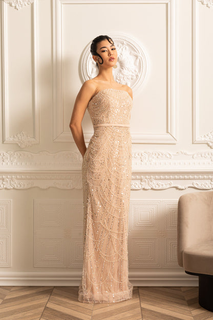 Vestido Glamouroso com Contas e Véu Destacável - Bege