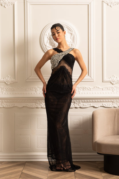 Elegante Vestido de Um Ombro com Recorte em Renda Transparente e Aplicações Brilhantes - Preto