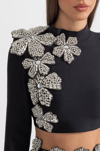 Conjunto de Acento de Flor de Diamante em 2 Peças com Top de Mangas Longas e Saia Mini - Preto