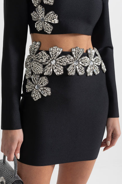 Conjunto de Acento de Flor de Diamante em 2 Peças com Top de Mangas Longas e Saia Mini - Preto