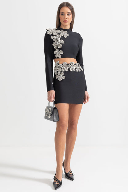Conjunto de Acento de Flor de Diamante em 2 Peças com Top de Mangas Longas e Saia Mini - Preto