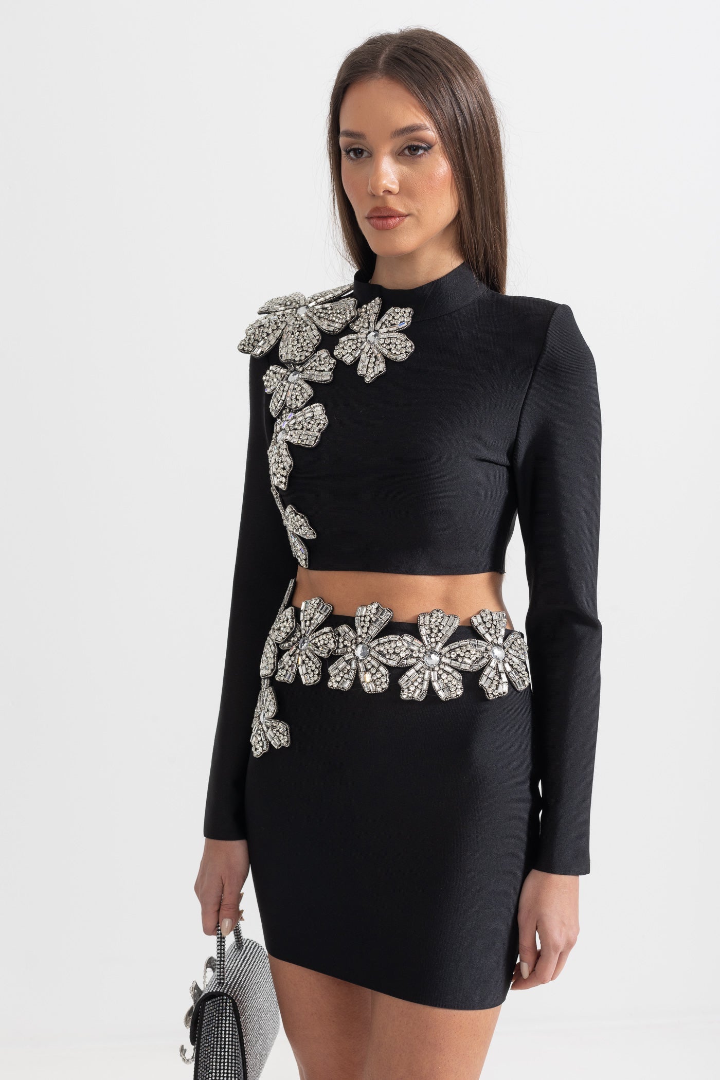 Conjunto de Acento de Flor de Diamante em 2 Peças com Top de Mangas Longas e Saia Mini - Preto