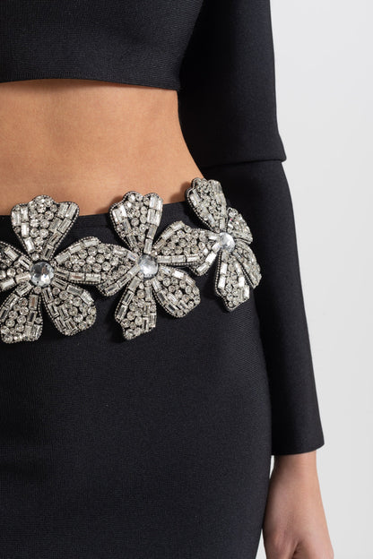 Conjunto de Acento de Flor de Diamante de 2 Peças com Top de Mangas Longas e Saia Maxi - Preto