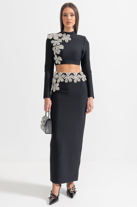 Conjunto de Acento de Flor de Diamante de 2 Peças com Top de Mangas Longas e Saia Maxi - Preto