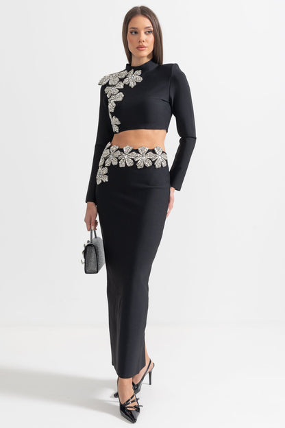 Conjunto de Acento de Flor de Diamante de 2 Peças com Top de Mangas Longas e Saia Maxi - Preto