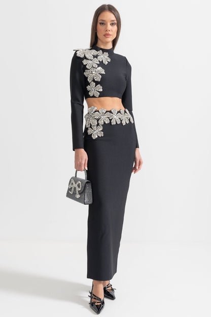 Conjunto de Acento de Flor de Diamante de 2 Peças com Top de Mangas Longas e Saia Maxi - Preto