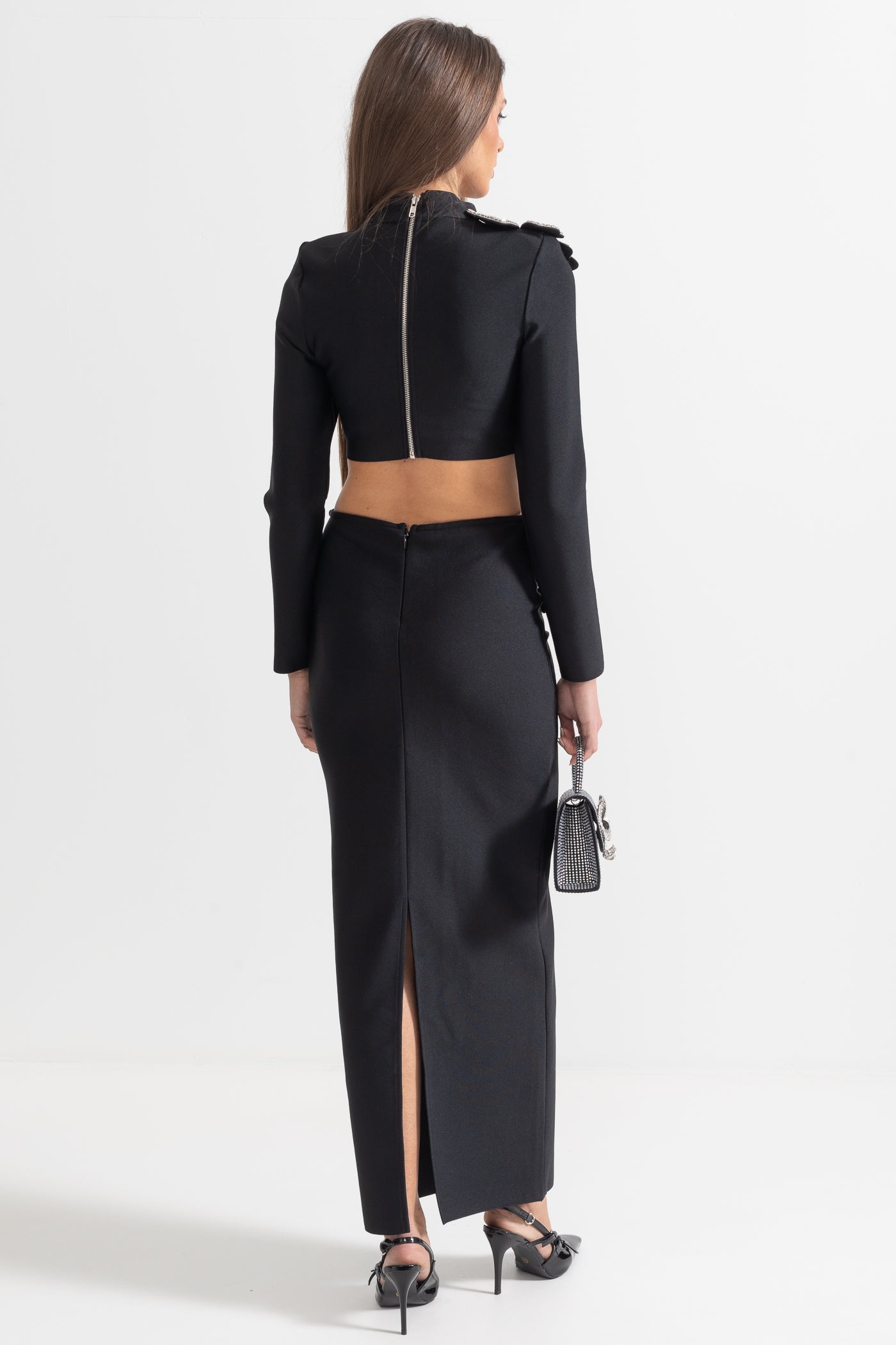 Conjunto de Acento de Flor de Diamante em 2 Peças com Top de Mangas Longas e Saia Maxi - Preto