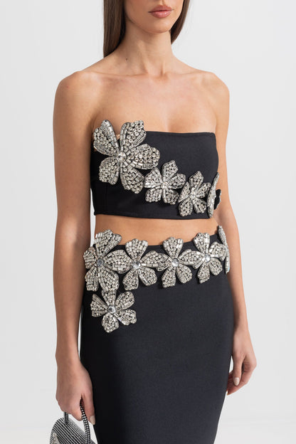 Conjunto de Acento de Flor de Diamante de 2 Peças com Top Sem Alças e Saia Maxi - Preto