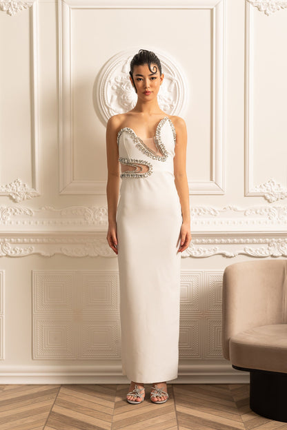 Vestido Elegante Justo Com Cortes Frontais E Apliques Brilhantes - Branco