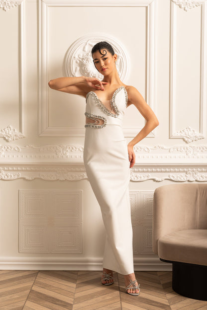 Vestido Elegante Justo Com Cortes Frontais E Apliques Brilhantes - Branco