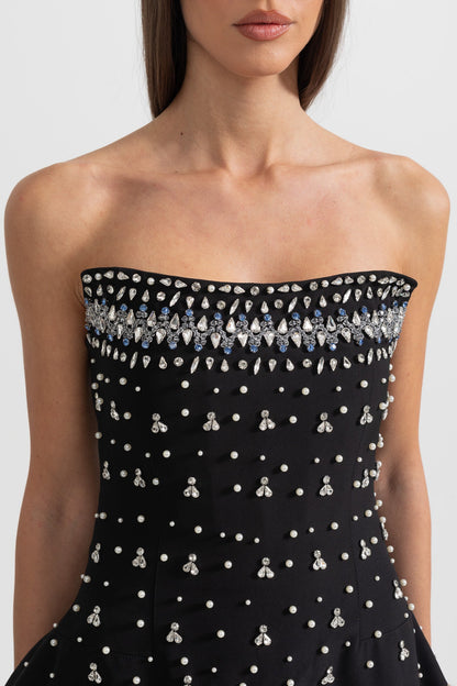 Vestido Justo Sem Mangas Com Apliques de Diamantes - Preto