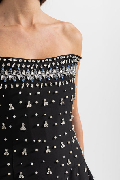 Vestido Justo Sem Mangas Com Apliques de Diamantes - Preto