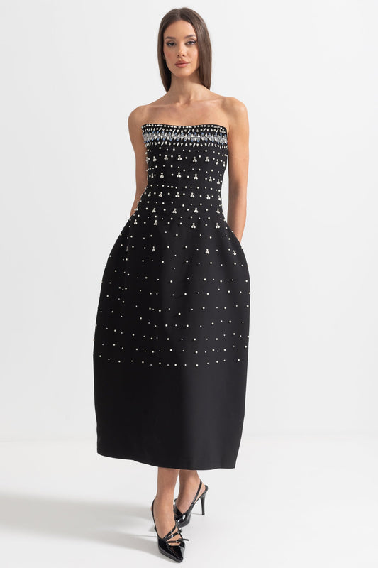 Vestido Justo Sem Mangas Com Apliques de Diamantes - Preto
