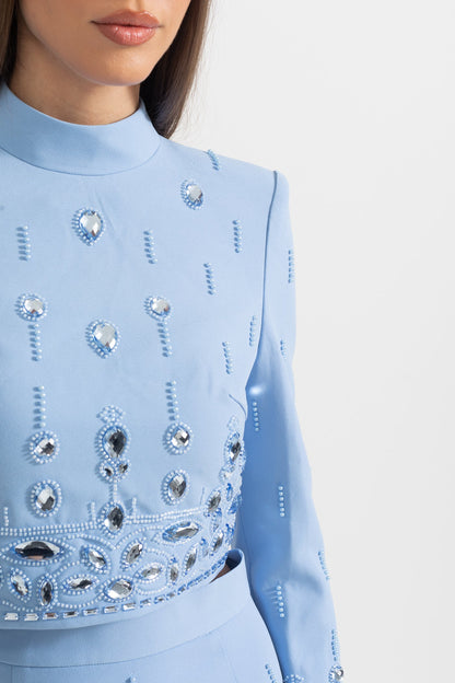 Conjunto com Aplicações de Diamantes e Mini Saia - Azul Bebé