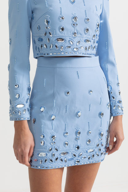 Conjunto com Aplicações de Diamantes e Mini Saia - Azul Bebé