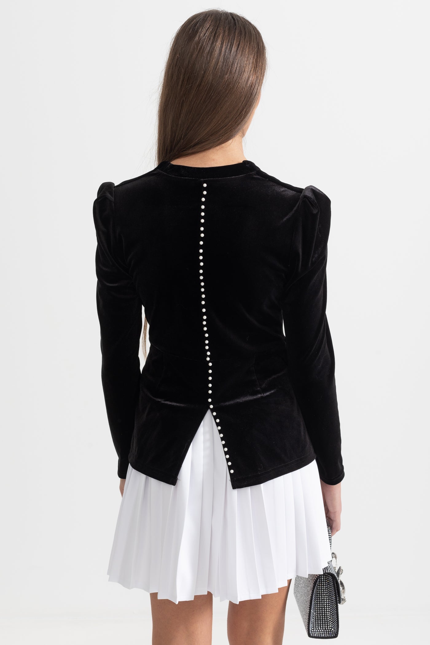 Conjunto de Veludo em Duas Peças com Saia Plissada Contrastante - Preto