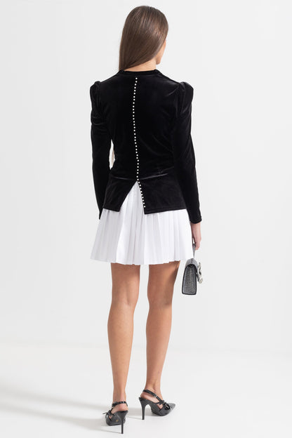 Conjunto de Veludo em Duas Peças com Saia Plissada Contrastante - Preto