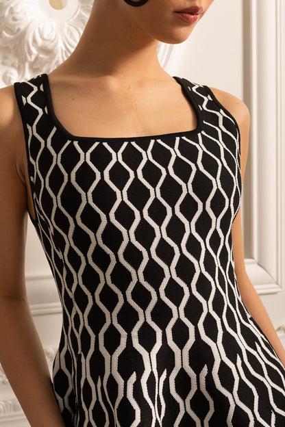 Vestido Mini Elegante com Padrão de Ondas Brancas - Preto