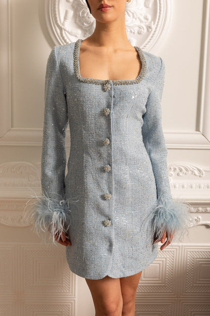 Vestido Mini Texturizado Com Punhos de Penas e Decote Quadrado - Azul