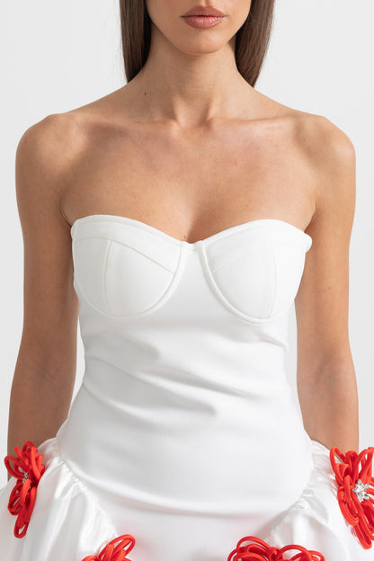 Vestido Mini Elegante com Aplicações de Flores Prateadas em 3D - Branco