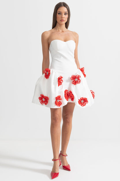 Vestido Mini Elegante com Aplicações de Flores Prateadas em 3D - Branco