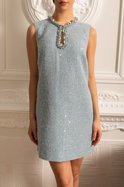 Vestido Mini Texturizado Sem Mangas com Detalhes de Colarinho Brilhante - Azul