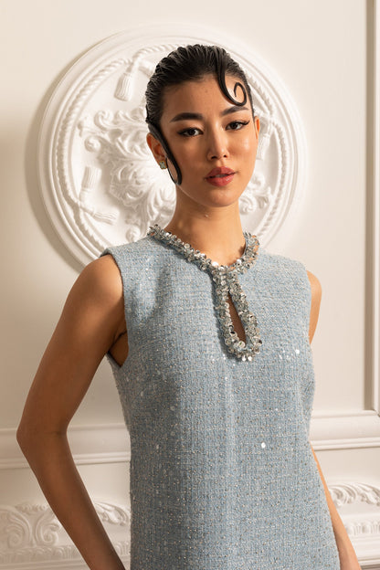 Vestido Mini Texturizado Sem Mangas com Detalhes de Colarinho Brilhante - Azul