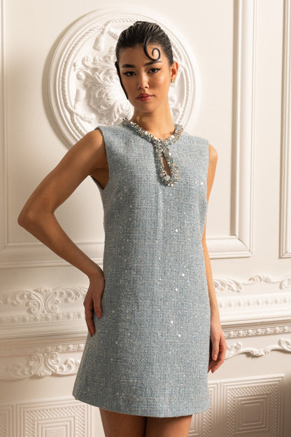 Vestido Mini Texturizado Sem Mangas com Detalhes de Colarinho Brilhante - Azul
